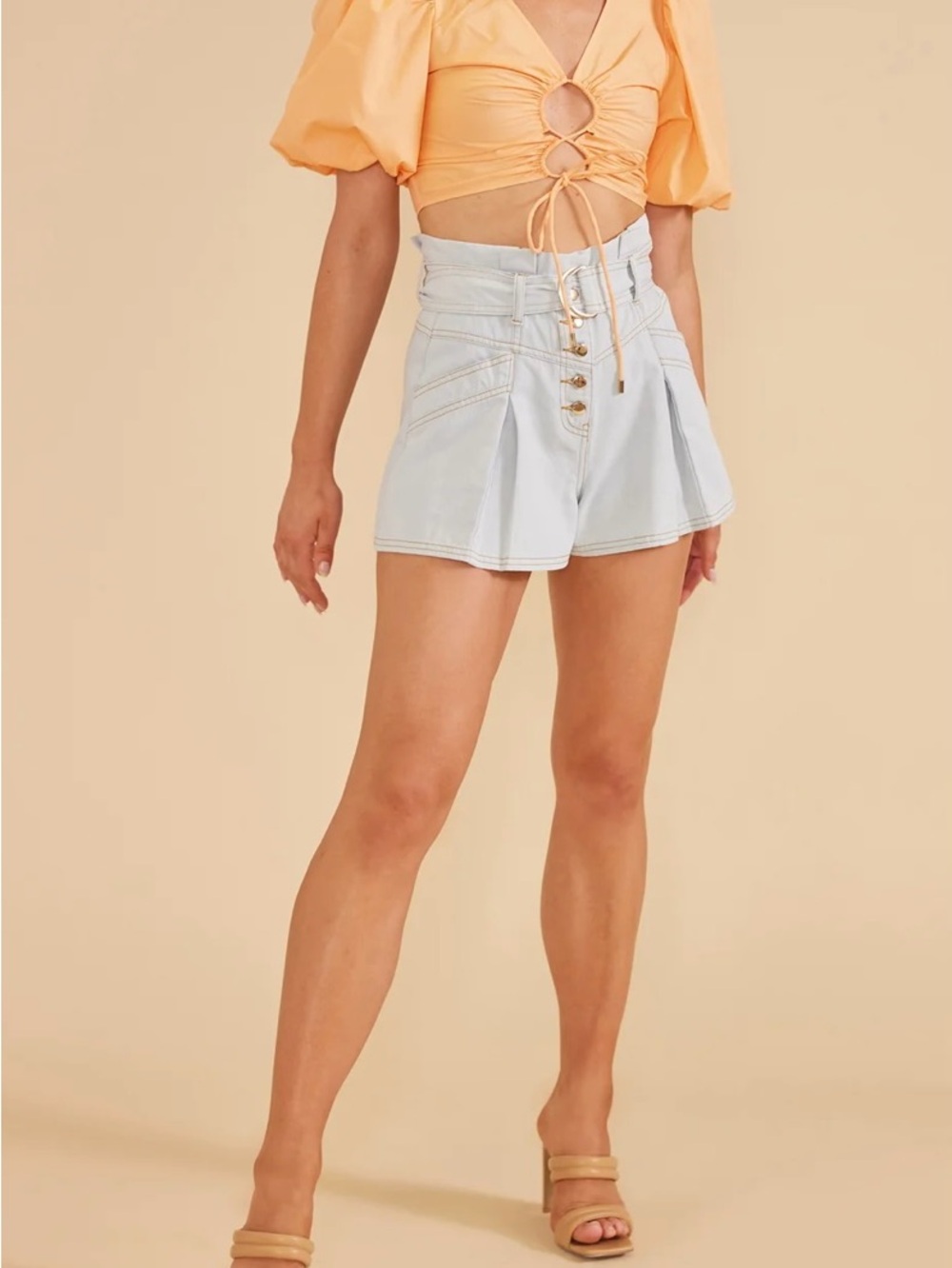 MINKPINK High-Waist Pleated Light Blue Denim Shorts